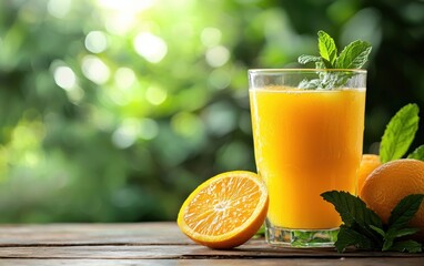 Fototapeta premium Freshly squeezed orange juice with mint on a blurred natural background