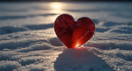 Fototapeta premium A broken red heart, glowing softly, is embedded in the snow, illustrating the contrast between love and winter's coldness. 