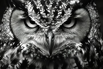 A close-up of an owl’s face in black and white, intricate feather details standing out
