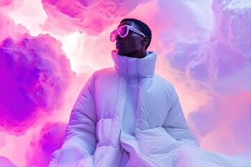 A conceptual photo shoot of self-heating jackets and self-cleaning fabrics, fashion meets innovation, modern design studio setting