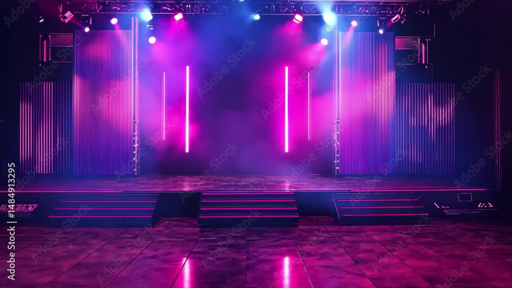 Poster vibrant hip hop concert stage setup with colorful lights and fog effects creating a dynamic atmosphe