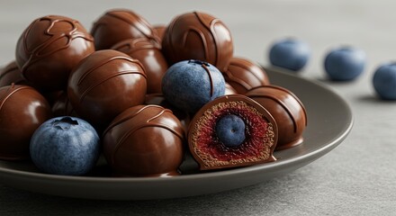 Chocolate truffles with blueberries on a plate for sugar-free diet  