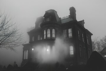 A haunted Victorian mansion, black and white gothic horror, eerie fog surrounding the old building
