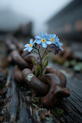 a bunch of blue flowers sitting on a wooden bench with chains around it and a chain around it that is holding them