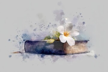 Delicate flower resting atop a textured book.