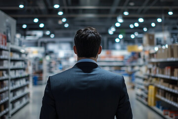 Generative AI image of confident supermarket store worker standing in front of shelves with groceries and packaged food products