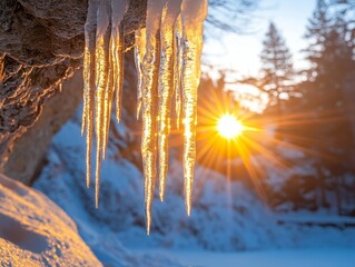 Rays of sunlight streaming through icicles hanging from an alpine cliff, Generative AI