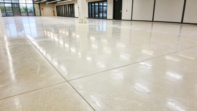 Sleek, polished concrete flooring in a spacious interior with natural light, ideal for contemporary spaces, exhibitions, and events showcasing modern architecture and design elements