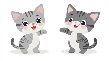 Two playful cartoon kittens with gray stripes, smiling and waving, set against a clean white background.