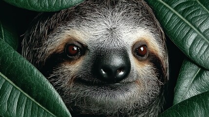 Fototapeta premium Sloth portrait in lush green leaves