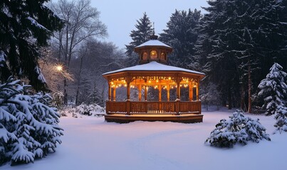 Lantern-lit gazebo glowing softly in the heart of a bustling holiday park surrounded by snow, Generative AI