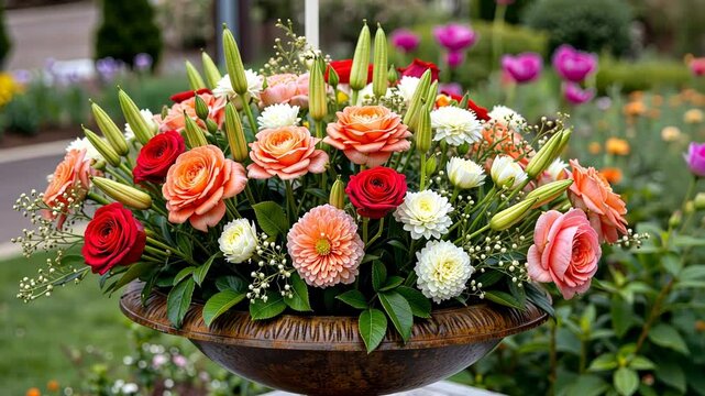 Colorful floral arrangement in decorative bowl with garden background  