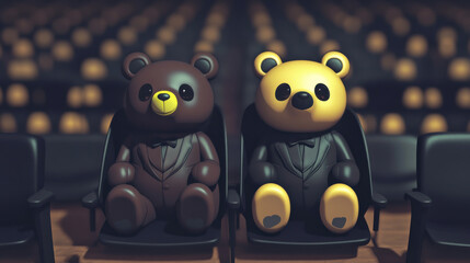 Two stylish teddy bears in tuxedos sit in a theater, ready for a performance, exuding charm and whimsy.