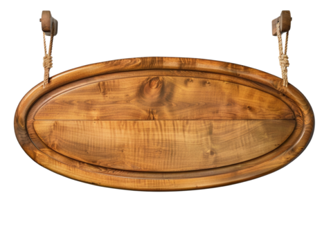 Rustic wooden oval sign hanging on rope, ideal for shop or bar display