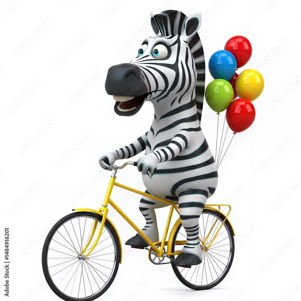 Poster joyful zebra on bicycle with balloons: a whimsical 3d render