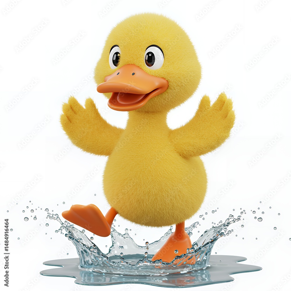 Poster adorable yellow duckling splashing joyfully in a puddle: a delightful 3d render of a cheerful baby d