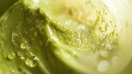 Close-up of creamy green matcha ice cream with a smooth texture and droplets