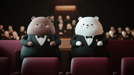 Two adorable cartoon bears in tuxedos sitting in a theater, ready for a performance with an audience blurred in the background.
