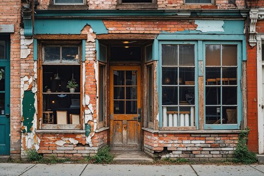 Heritage-Style Idle Storefront Featuring Peeling Brick Walls and Antique Windows in a Cheerful Urban Neighborhood