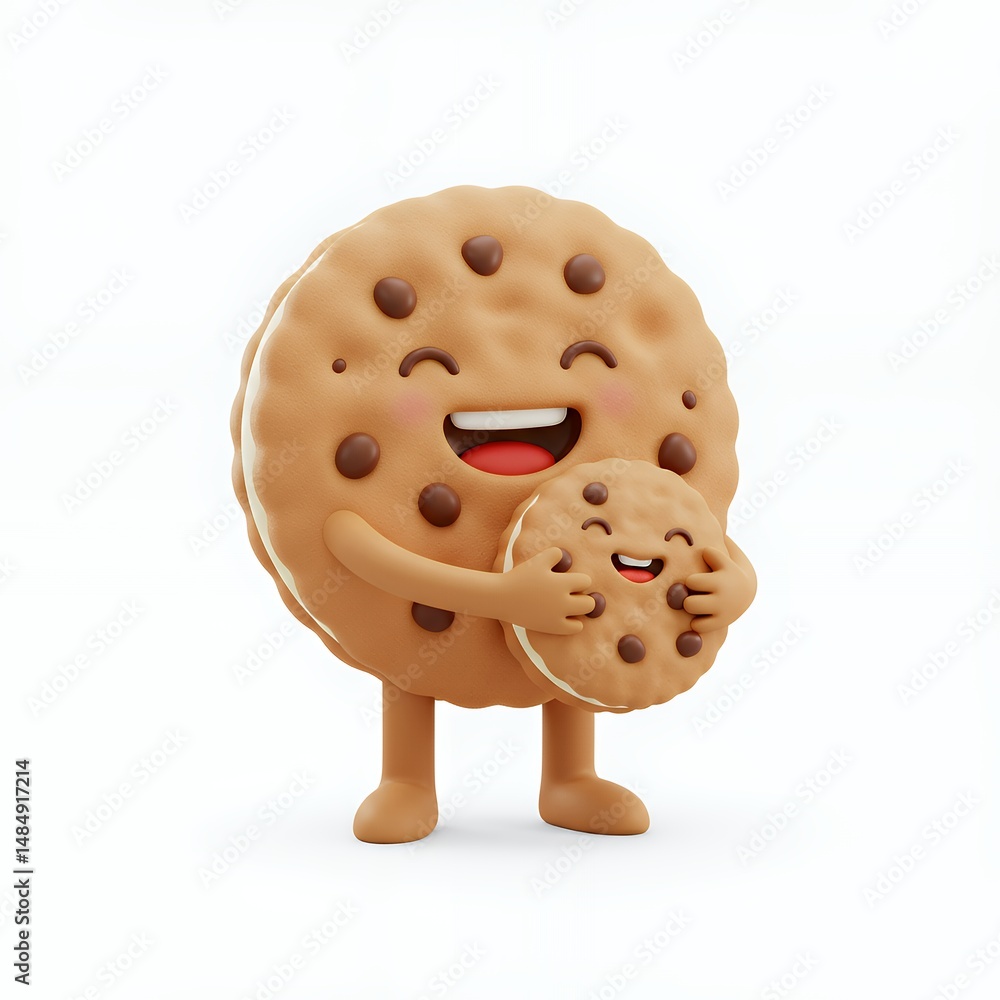 Poster adorable 3d render of a happy chocolate chip cookie hugging a smaller cookie a heartwarming image of
