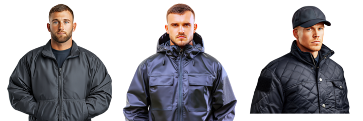 Three men wearing various jackets and caps, presenting a rugged style.