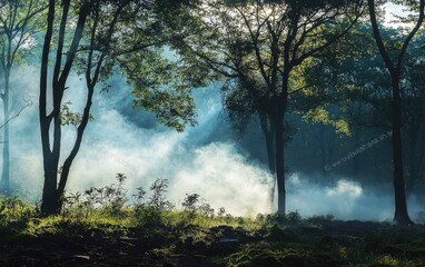 Obraz premium Of a misty forest in the early morning with fog covering the ground