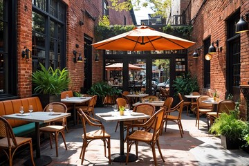 Vibrant Brick Bistro with Sunlit Patio and Lively Atmosphere Featuring Tables and Chairs