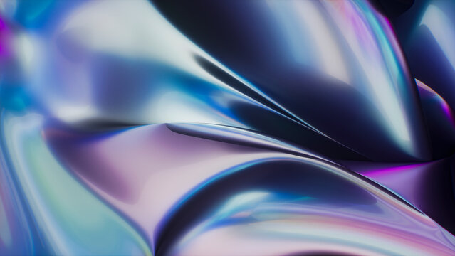 Metallic abstract shapes glow with holographic colors and curves
