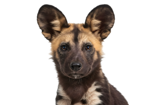 透明な背景に毛皮の斑点を持つ野生の犬のクローズアップポートレート 黒と茶色の毛皮 注目している動物の写真