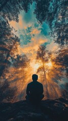 Obraz premium Silhouette of a person meditating in a forest during a beautiful sunset