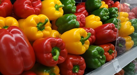 Vibrant Colorful Bell Peppers Display at Grocery Store