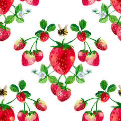 Seamless pattern of vintage strawberries, strawberry hand drawn watercolor on transparent background