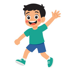 Boy joyfully jumping, waving with a big smile. Suitable for celebrating success, happy moments, expressing joy and enthusiasm in designs