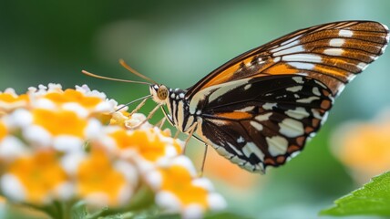 Close Up of a Butterfly Sipping Nectar from Yellow Flower in Lush Green Garden Setting