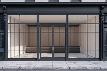 Obraz premium Vacant Retail Front Exterior Featuring Dark Aluminum Framing and Detailed Glass Facade