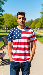 Naklejka premium Man wearing USA-themed shirt in sunny park, patriotic spirit