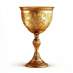 Fancy golden goblet with intricate engravings, isolated on white