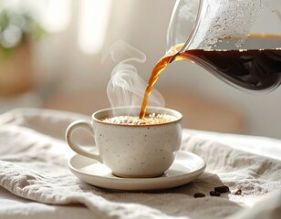 Dynamic and visually captivating image of hot coffee being poured into a clear glass, with steam rising and rich liquid texture in motion. This scene beautifully captures the warmth and ritual of fres