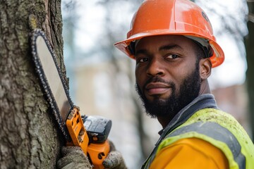 Worker using chainsaw to cut tree outdoors
