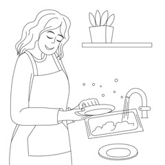 Young women washing the plate, vector flat line art doodle, coloring page, coloring book for adults