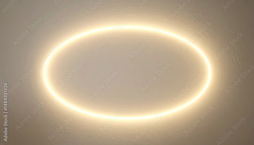 Poster illuminated oval light installation modern gallery art display minimalist environment close-up view 