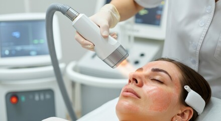 Woman receiving facial treatment with laser technology in a modern clinic