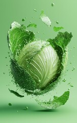 Obraz premium Flying cabbage with splashes, isolated on a soft green background