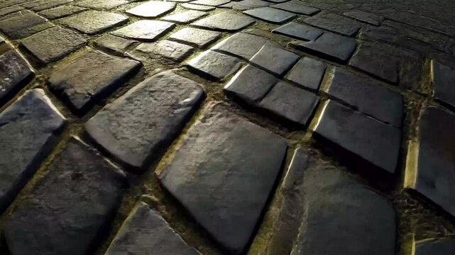 Classic cobblestone pavement creating a charming pathway in an old city at twilight, cobblestone pavement way classic