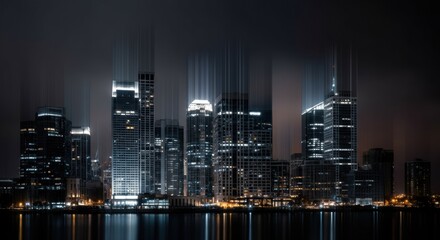 Obraz premium Nighttime city skyline with blurred lights creating a dynamic effect