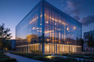 Obraz premium Stunning Glass Facade Building Glowing at Dusk