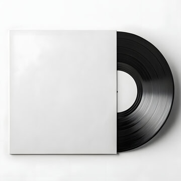 Blank vinyl record sleeve mockup with black retro LP partially out of cover, isolated on white background, template for music branding and album design