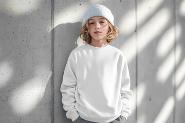 Mockup of child in plain white oversized crewneck sweatshirt