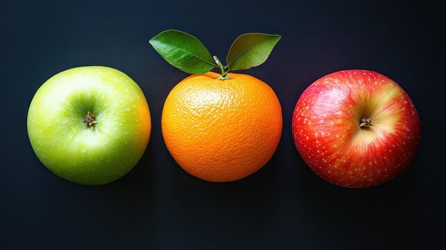 Vibrant trio of green apple, orange, and red apple on dark background