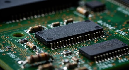 Close Up View Of Green Circuit Board With Microchip And Components